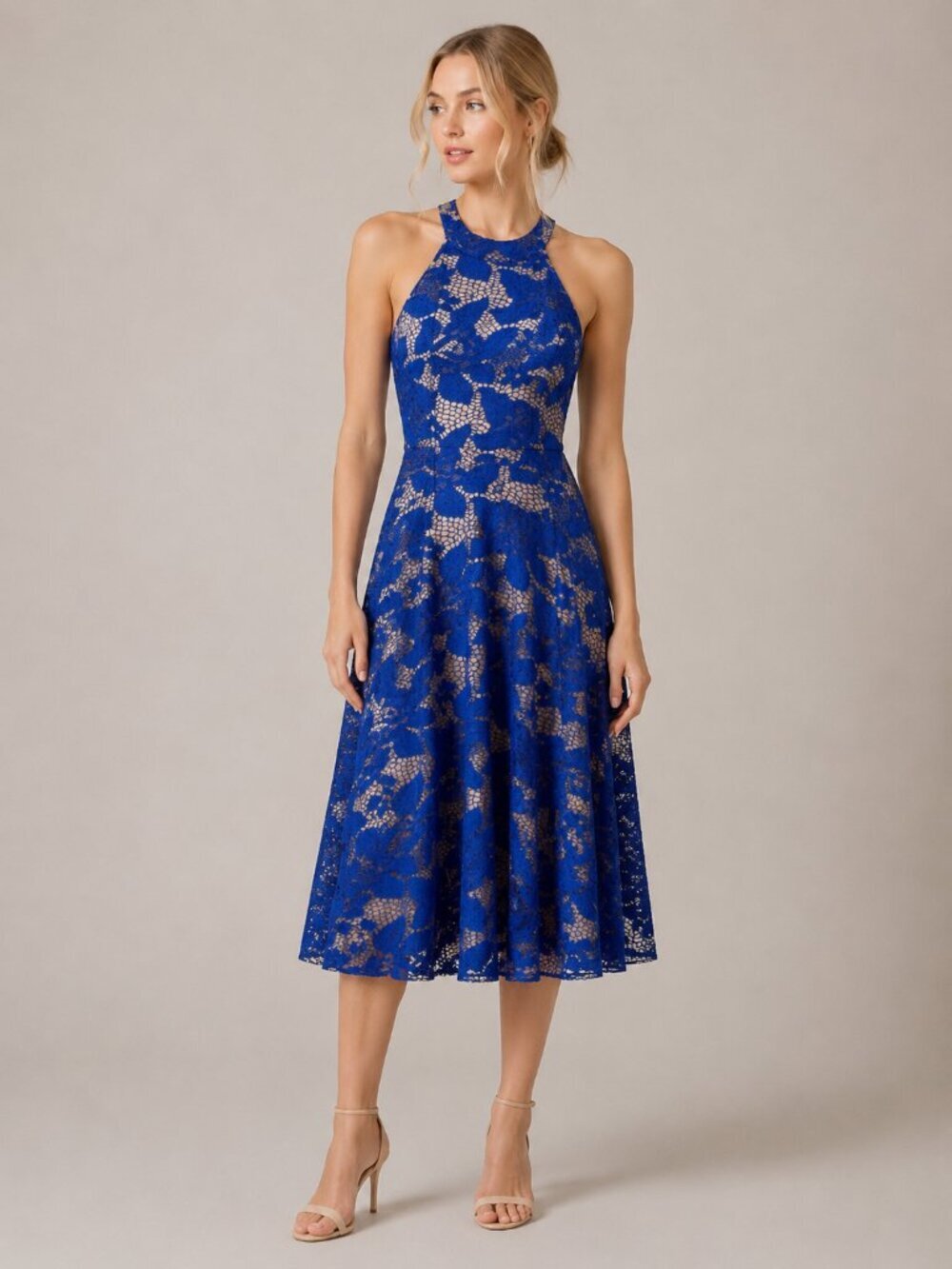 2/$30 INC Halter Neck Crochet Lace Sheath Dress Blue Nude 2 #8798